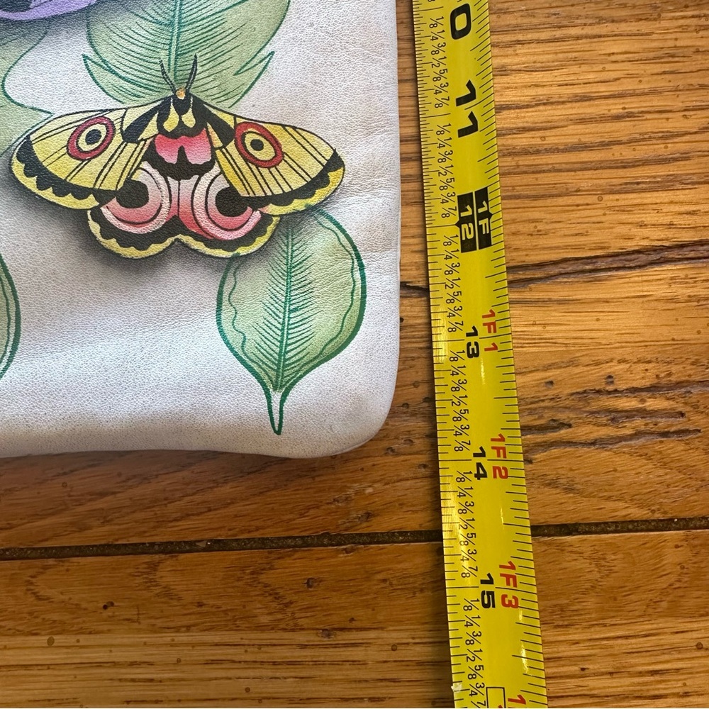 ANUSCHKA Leather Hand Painted Asymmetric Slim Crossbody Bag Butterfly Moth Print - Picture 4 of 12